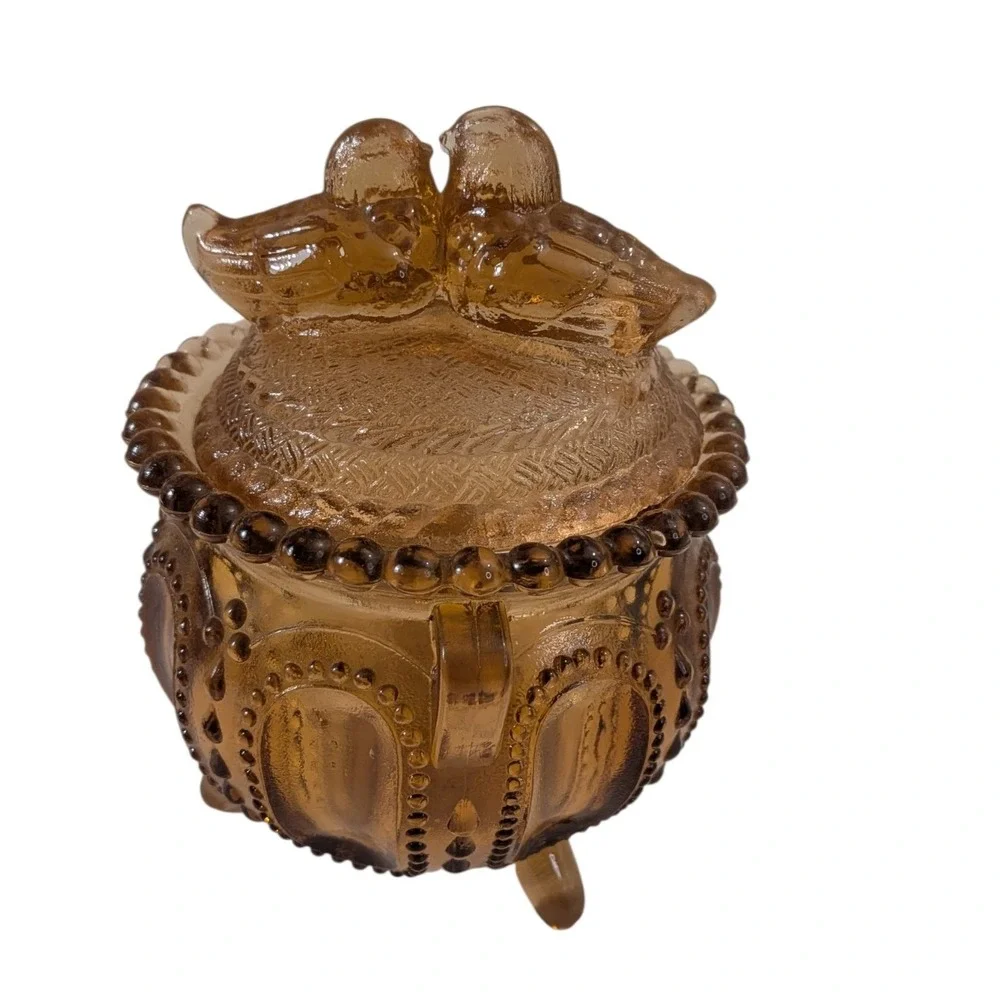 Westmoreland Amber Glass Love Birds in a Nest Lidded Trinket Dish Footed Beaded